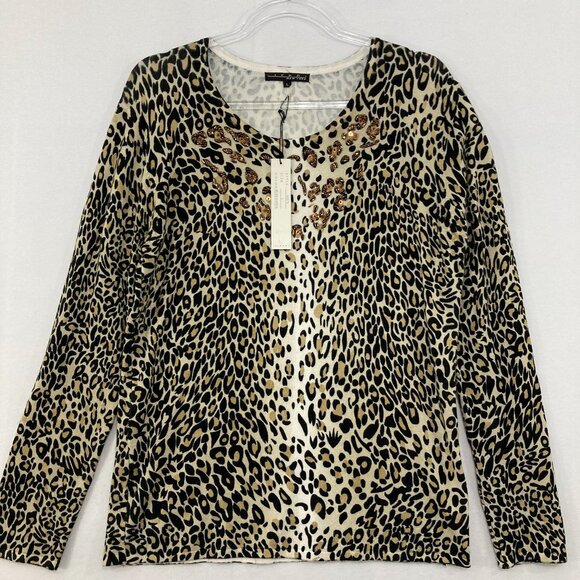 New PIERRI New York Large Leopard Beaded Stretch Knit Long Sleeve Sweater - Picture 1 of 8